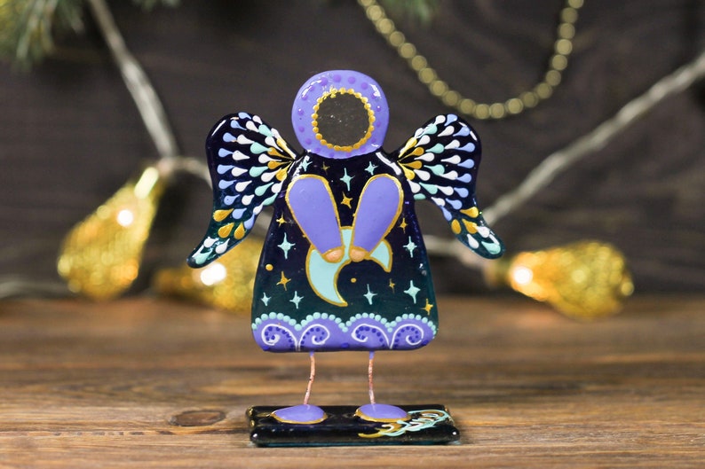 Solar, Lunar, and Star Glass Guardian Angels on a Stand, 11 cm.