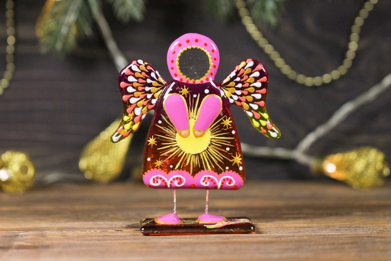 Solar, Lunar, and Star Glass Guardian Angels on a Stand, 11 cm.
