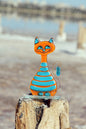 Playful Cute Cat with Fish on Stand Glass Art - Handmade, Personalized Decor, 17 cm - Now