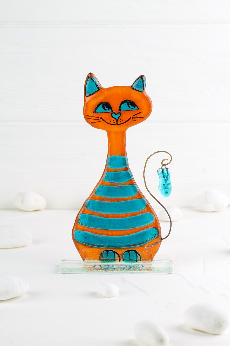 Cute Fishing Сat with Fish on a Stand Glass Art, Orange, 17 cm