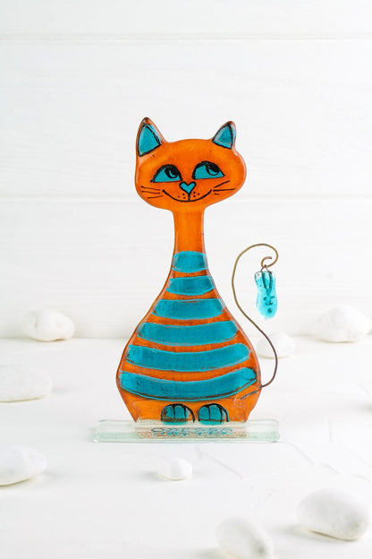 Cute Fishing Сat with Fish on a Stand Glass Art, Orange, 17 cm