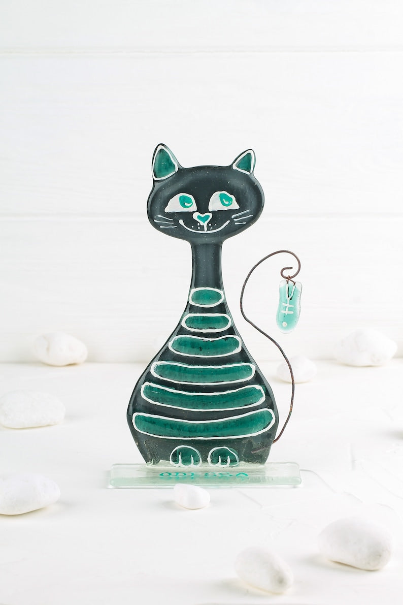 Cute Fishing Сat with Fish on a Stand Glass Art, Blue, 17 cm