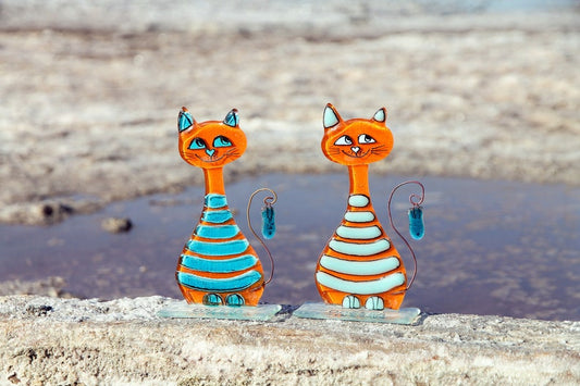 Playful Cute Cat with Fish on Stand Glass Art - Handmade, Personalized Decor, 17 cm - Now