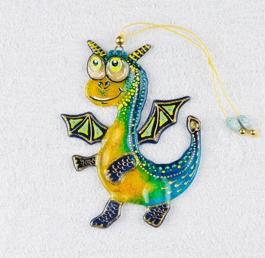 Dragon Glass Wall Art – Handmade, Personalized Gift, Yellow & Blue, 15 cm