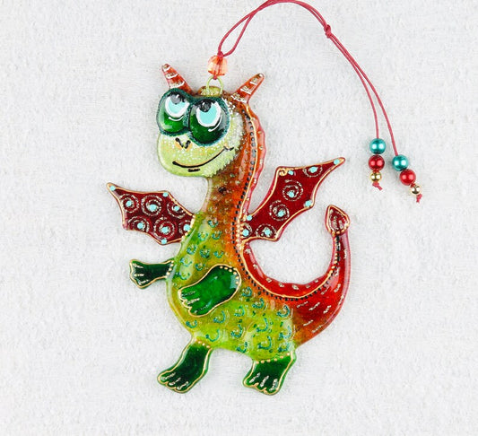 Adorable Dragon Glass Wall Art – Handmade, Personalized Gift, Green & Red, 15 cm