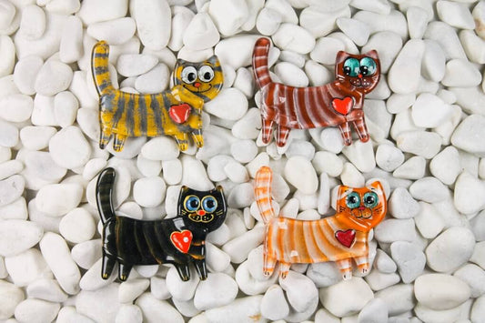 Striped Cat Tail Up Glass Fridge Magnet - Hand-Crafted, Hand-Painted, Personalized Tourist Souvenir, 12 x 10 cm