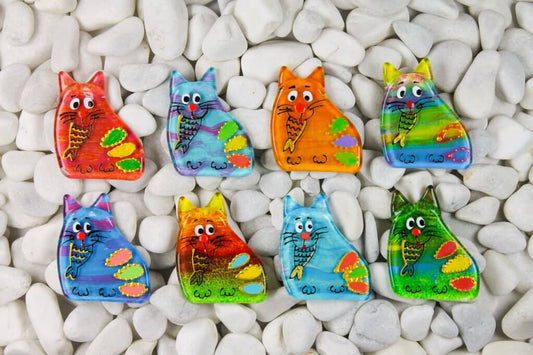 Plump Cat eats Fish Glass Fridge Magnet - Hand-Crafted, Hand-Painted, Personalized Tourist Souvenir, 6 x 4 cm