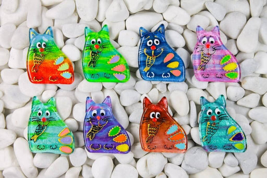 Chubby Cat eats Fish Glass Fridge Magnet - Hand-Crafted, Hand-Painted, Personalized Tourist Souvenir, 6 x 4 cm