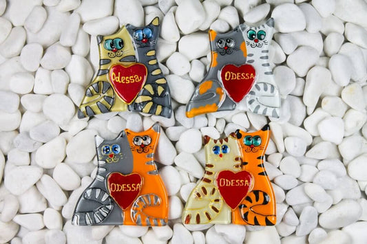 A Couple of Cats in Love with a Heart Big Glass Fridge Magnet - Hand-Crafted, Hand-Painted, Personalized Tourist Souvenir, 12 x 12 cm