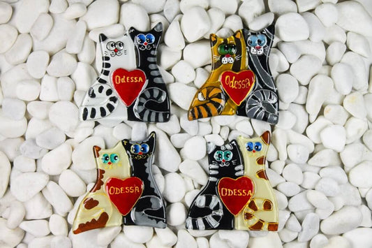 A Big Couple of Cats in Love with a Heart Glass Fridge Magnet - Hand-Crafted, Hand-Painted, Personalized Tourist Souvenir, 12 x 12 cm