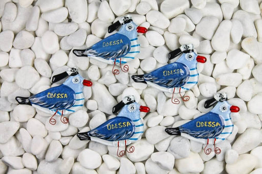 Blue Seagull in a Sailor Suit Glass Fridge Magnet - Hand-Crafted, Hand-Painted, Personalized Tourist Souvenir, 10 x 10 cm