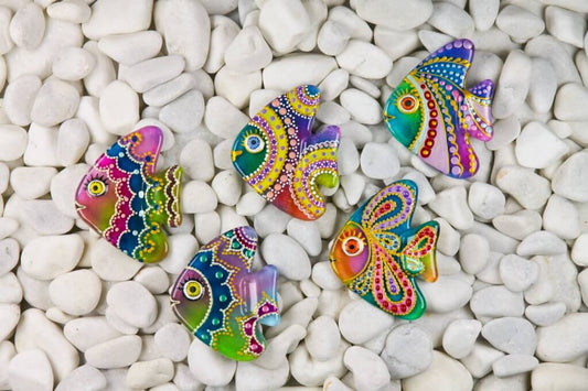 Blue Colorful Fish Moon Glass Fridge Magnet - Hand-Crafted, Hand-Painted, Personalized Tourist Souvenir, 4 x 8 cm
