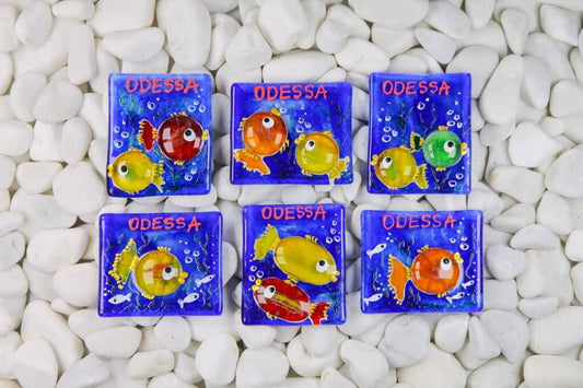 Blue Colorful Convex Fish 3D Glass Fridge Magnet - Hand-Crafted, Hand-Painted, Personalized Tourist Souvenir, 7.5 x 6.5 cm