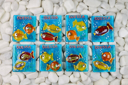 Blue Bright Convex Fish 3D Glass Fridge Magnet - Hand-Crafted, Hand-Painted, Personalized Tourist Souvenir, 7.5 x 6.5 cm