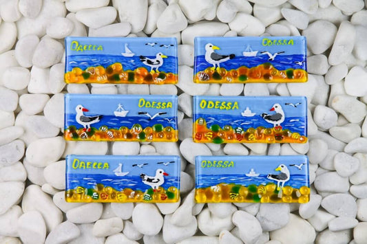 Blue Seagull by the Sea Glass Fridge Magnet - Hand-Crafted, Hand-Painted, Personalized Tourist Souvenir, 4 x 11 cm