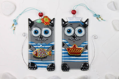 Pair of Sailor Cats Glass Wall Art - Handmade, Personalized Hanging Gift, Grey, 17 cm