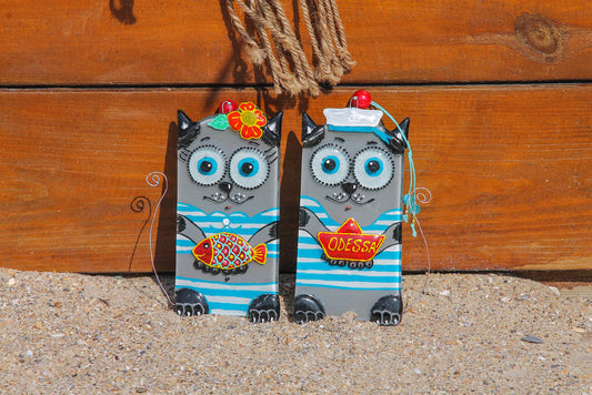 Pair of Sailor Cats Glass Wall Art - Handmade, Personalized Hanging Gift, Grey, 17 cm