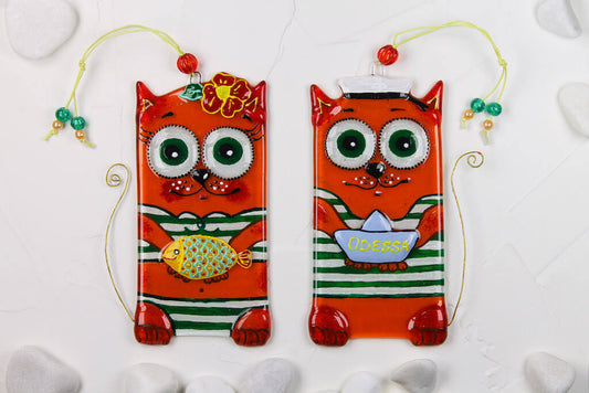Pair of Sailor Cats Glass Wall Art - Handmade, Personalized Hanging Gift, Orange, 17 cm
