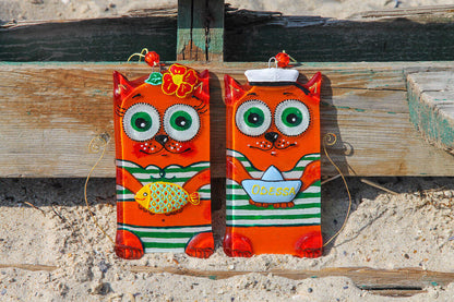 Pair of Sailor Cats Glass Wall Art - Handmade, Personalized Hanging Gift, Orange, 17 cm