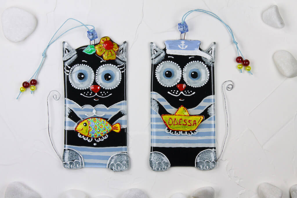 Pair of Sailor Cats Glass Wall Art - Handmade, Personalized Hanging Gift, Black, 17 cm