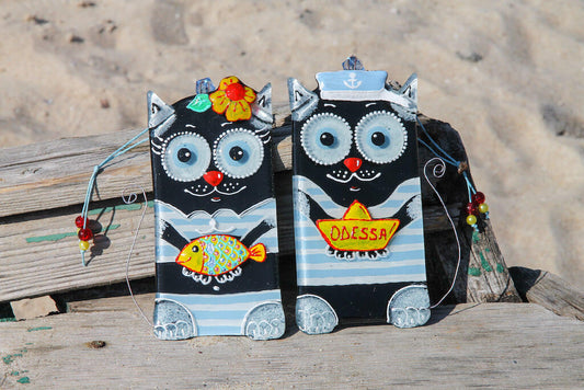 Pair of Sailor Cats Glass Wall Art - Handmade, Personalized Hanging Gift, Black, 17 cm