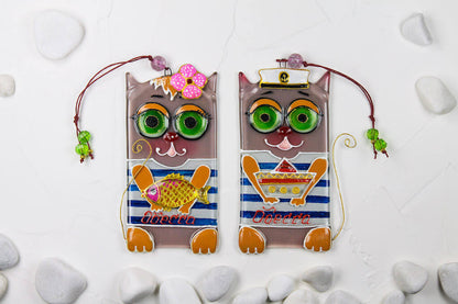 Pair of Sailor Cats Glass Wall Art - Handmade, Personalized Hanging Gift, Beige, 17 cm