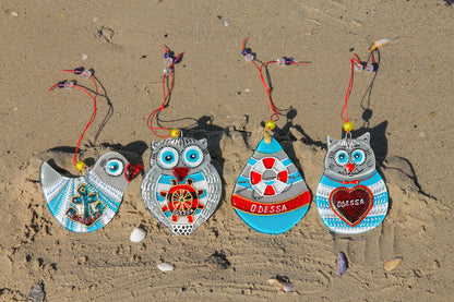 Set of 4 Sailor Decorations Glass Wall Art - Cat, Bird, Owl, Buoy, Handmade, Personalized Hanging Gift, Grey, 12 cm