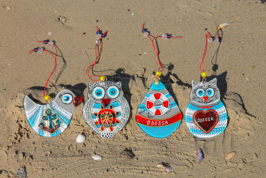 Set of 4 Sailor Decorations Glass Wall Art - Cat, Bird, Owl, Buoy, Handmade, Personalized Hanging Gift, Grey, 12 cm