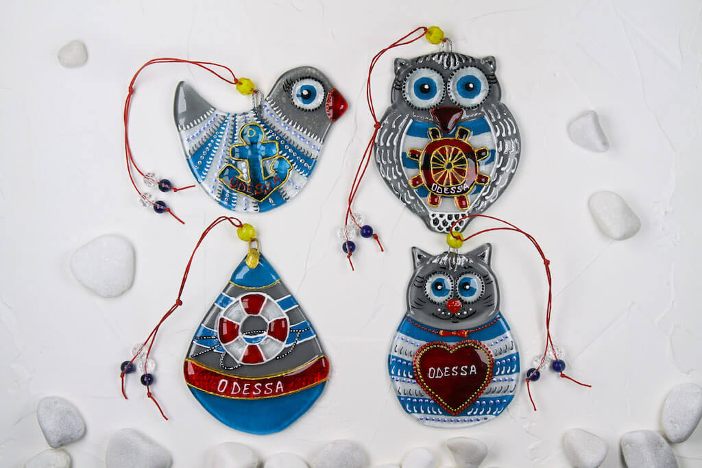Set of 4 Sailor Decorations Glass Wall Art - Cat, Bird, Owl, Buoy, Handmade, Personalized Hanging Gift, Grey, 12 cm