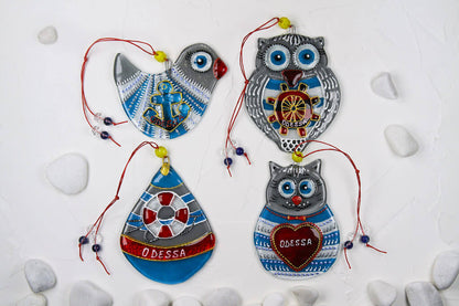 Set of 4 Sailor Decorations Glass Wall Art - Cat, Bird, Owl, Buoy, Handmade, Personalized Hanging Gift, Grey, 12 cm