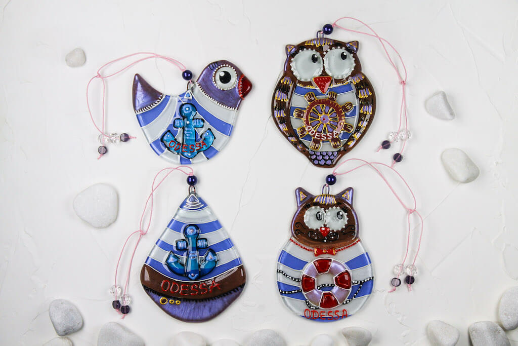 Set of 4 Sailor Decorations Glass Wall Art - Cat, Bird, Owl, Buoy, Handmade, Personalized Hanging Gift, Blue, 12 cm