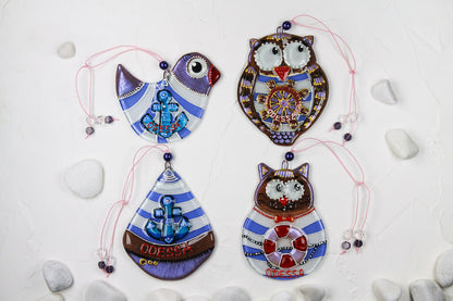 Set of 4 Sailor Decorations Glass Wall Art - Cat, Bird, Owl, Buoy, Handmade, Personalized Hanging Gift, Blue, 12 cm
