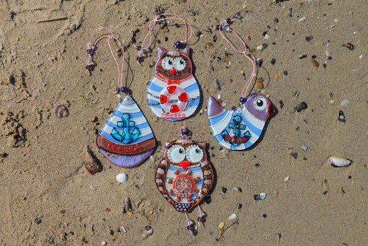 Set of 4 Sailor Decorations Glass Wall Art - Cat, Bird, Owl, Buoy, Handmade, Personalized Hanging Gift, Blue, 12 cm