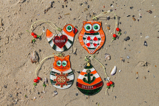 Set of 4 Sailor Decorations Glass Wall Art - Cat, Bird, Owl, Buoy, Handmade, Personalized Hanging Gift, Orange, 12 cm