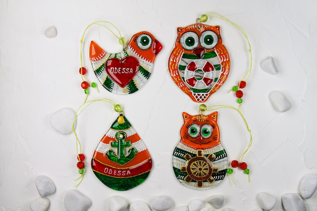 Set of 4 Sailor Decorations Glass Wall Art - Cat, Bird, Owl, Buoy, Handmade, Personalized Hanging Gift, Orange, 12 cm