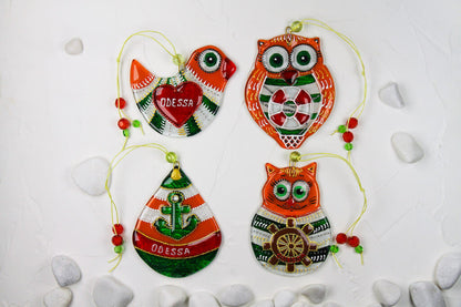 Set of 4 Sailor Decorations Glass Wall Art - Cat, Bird, Owl, Buoy, Handmade, Personalized Hanging Gift, Orange, 12 cm