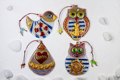 Set of 4 Sailor Decorations Glass Wall Art - Cat, Bird, Owl, Buoy, Handmade, Personalized Hanging Gift, Beige, 12 cm
