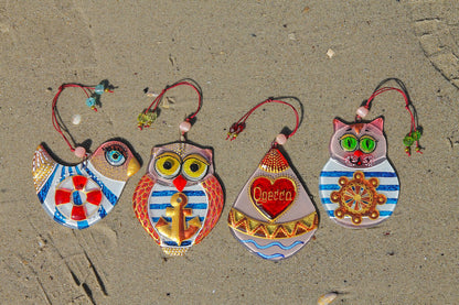 Set of 4 Sailor Decorations Glass Wall Art - Cat, Bird, Owl, Buoy, Handmade, Personalized Hanging Gift, Beige, 12 cm