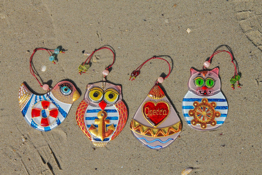 Set of 4 Sailor Decorations Glass Wall Art - Cat, Bird, Owl, Buoy, Handmade, Personalized Hanging Gift, Beige, 12 cm