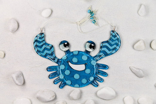 Big Crab Glass Wall Art - Handmade, Personalized Hanging Gift, Blue, 20 cm