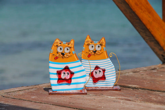 Sailor Cat on a Stand Glass Wall Art - Handmade, Personalized Gift, Orange, 12 cm