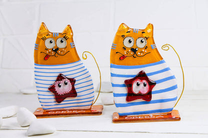 Sailor Cat on a Stand Glass Wall Art - Handmade, Personalized Gift, Orange, 12 cm