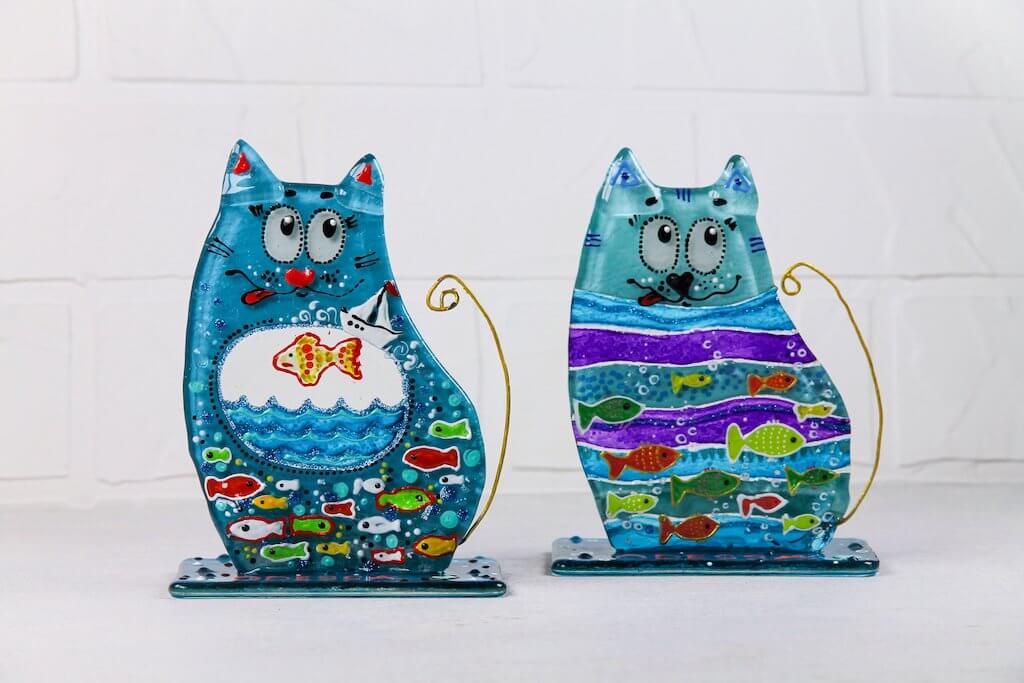 Aqua-Cat on a Stand Glass Wall Art - Handmade, Personalized Gift, Grey, 12 cm