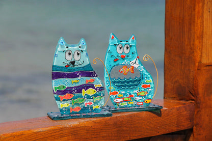 Aqua-Cat on a Stand Glass Wall Art - Handmade, Personalized Gift, Grey, 12 cm