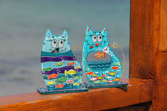 Aqua-Cat on a Stand Glass Wall Art - Handmade, Personalized Gift, Grey, 12 cm