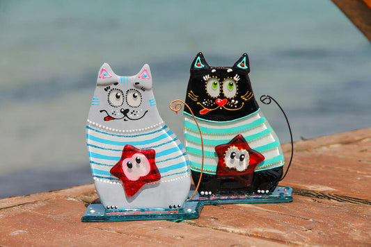 Sailor Cat on a Stand Glass Wall Art - Handmade, Personalized Gift, Grey, 12 cm