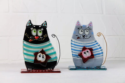 Sailor Cat on a Stand Glass Wall Art - Handmade, Personalized Gift, Grey, 12 cm