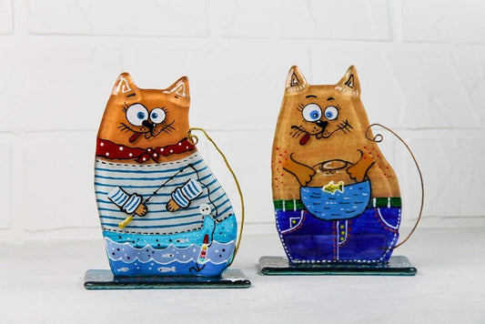Cute Cat with an Aquarium on a Stand Glass Wall Art - Handmade, Personalized Gift, 12 cm