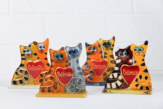 A Couple of Spotted Cats in Love with a Heart on a Stand Glass Wall Art - Handmade, Personalized Gift, 10 cm