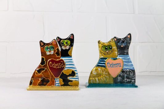 A Couple of Striped Cats in Love with a Heart on a Stand Glass Wall Art - Handmade, Personalized Gift, 10 cm